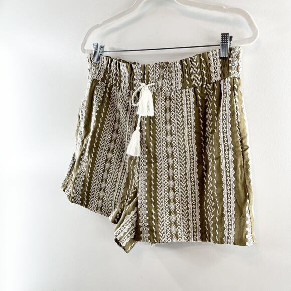 House of Harlow Linen High Rise Embroidered Boho Shorts Green Medium - Picture 5 of 7